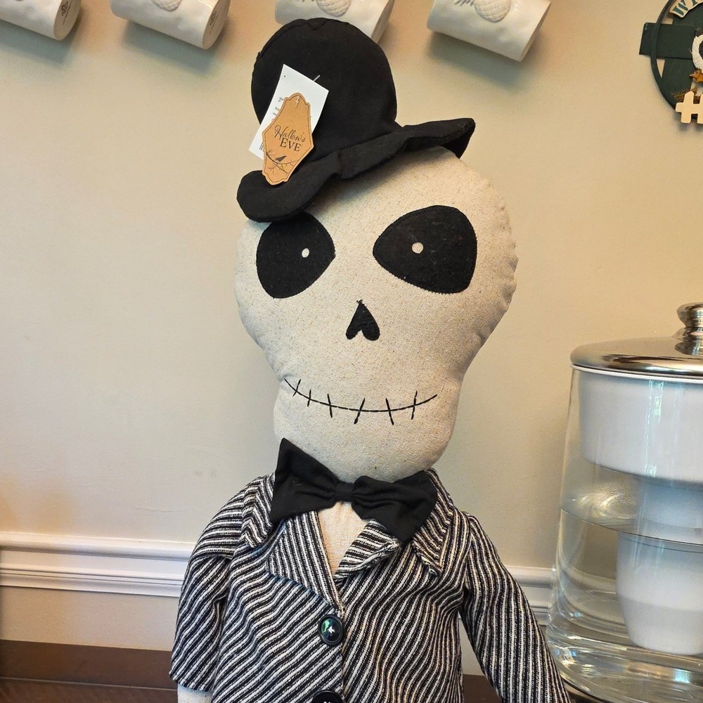 Hallows Eve 48" Skeleton Plush Shelf Sitter Pinstripe Suit Hat Halloween Decor